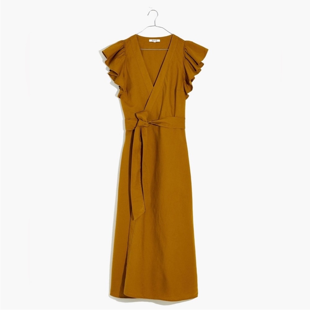 Madewell Linen-Blend Ruffle-Sleeve Wrap Midi Dress
